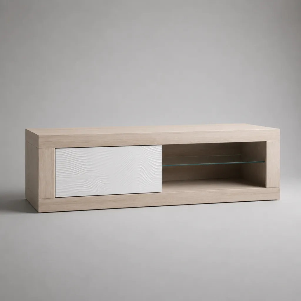 TV-Lowboard aus melaminbeschichteter Spanplatte mit Glaseinlegeboden und Schiebetür, Beige und Weiß, 140 × 40 × 50 cm