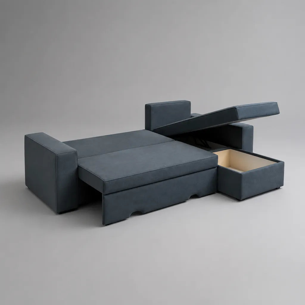 Ecksofa mit Schlaffunktion und Bettkasten, 3-Sitzer mit Mikrofaserbezug, L-Form rechts, Dunkelblau, 235 × 150 × 85 cm