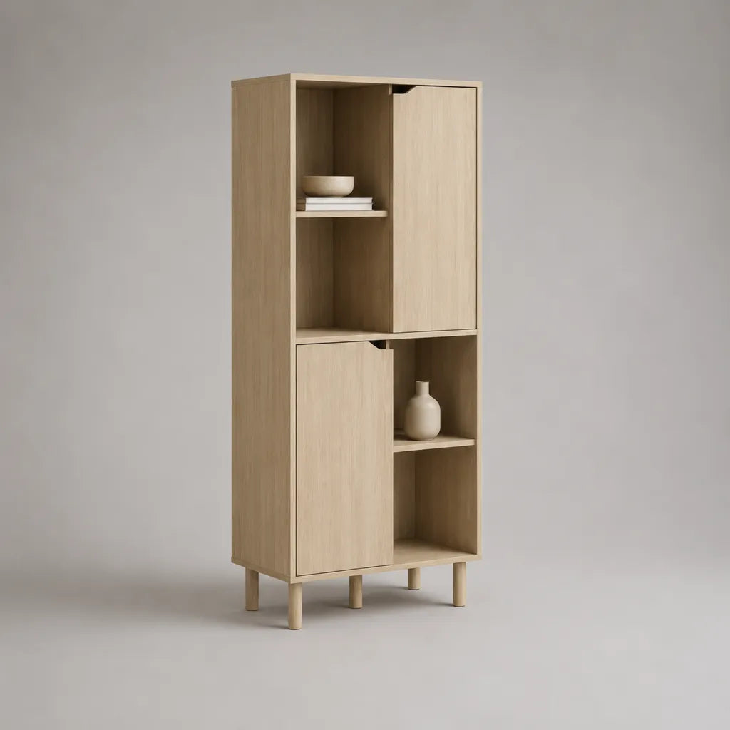 Bücherregal aus MDF mit Eichenfurnier, 2 Türen und 4 offenen Fächern, Naturbeige, 160 × 60 × 35 cm