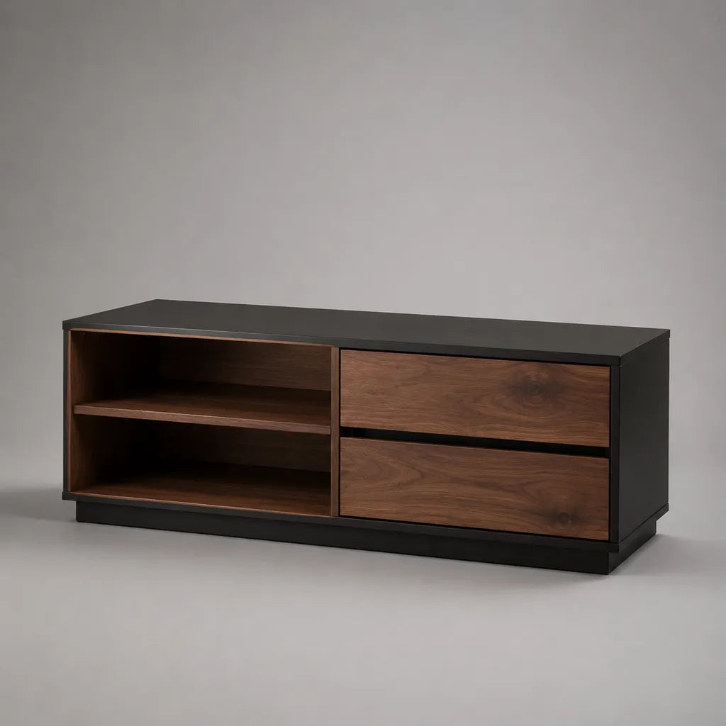 TV-Lowboard aus MDF mit 2 Schubladen und 2 offenen Fächern, Schwarz/Braun, 120 × 40 × 55 cm