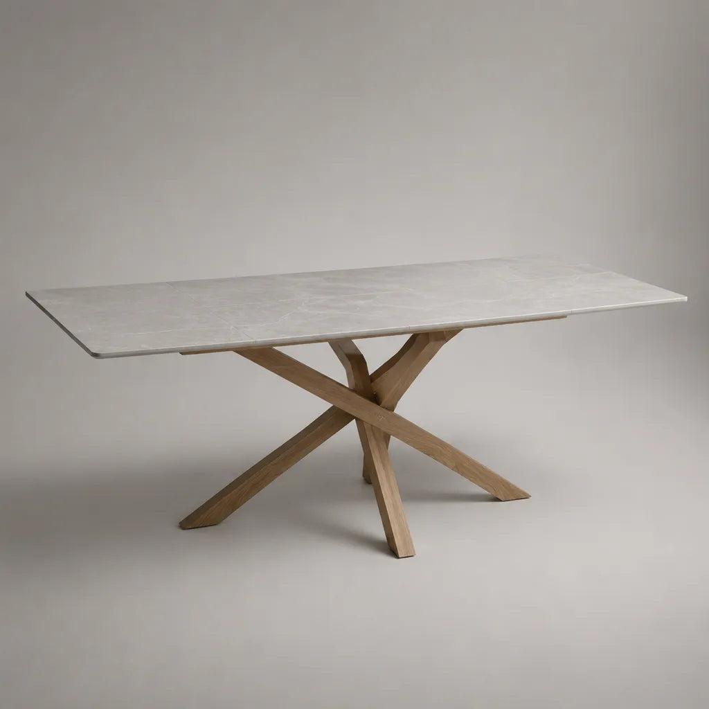 Rechteckiger Esstisch Weiß/Eiche Natur 180 × 90 × 76 cm mit Keramikplatte und Gestell aus massiver Eiche