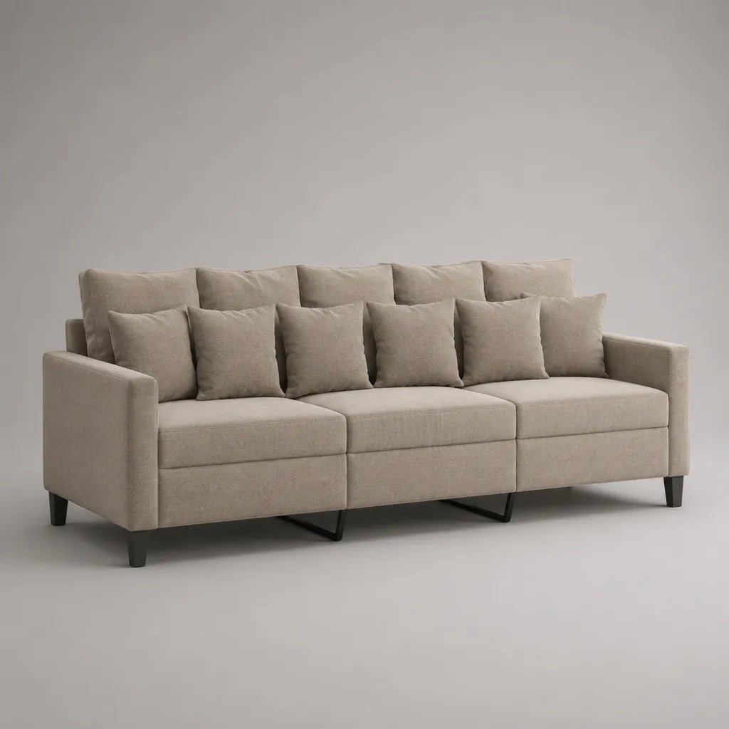 3-Sitzer-Sofa mit Polyesterbezug und 11 Kissen, Beige und Schwarz, 225 × 90 × 88 cm