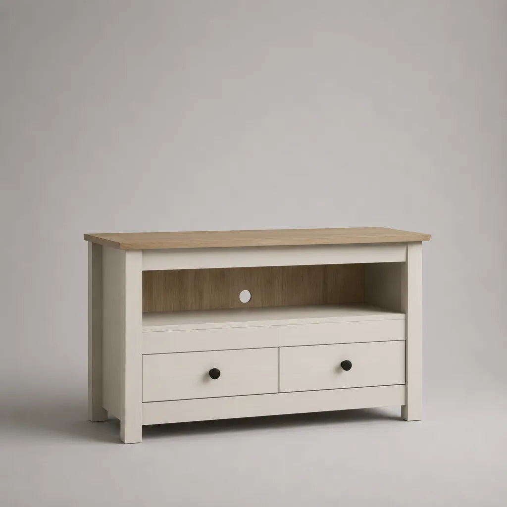 TV-Schrank aus MDF und Spanplatte mit 2 Schubladen und offenem Gerätefach, Weiß/Eichefarben, 100 × 40 × 75 cm