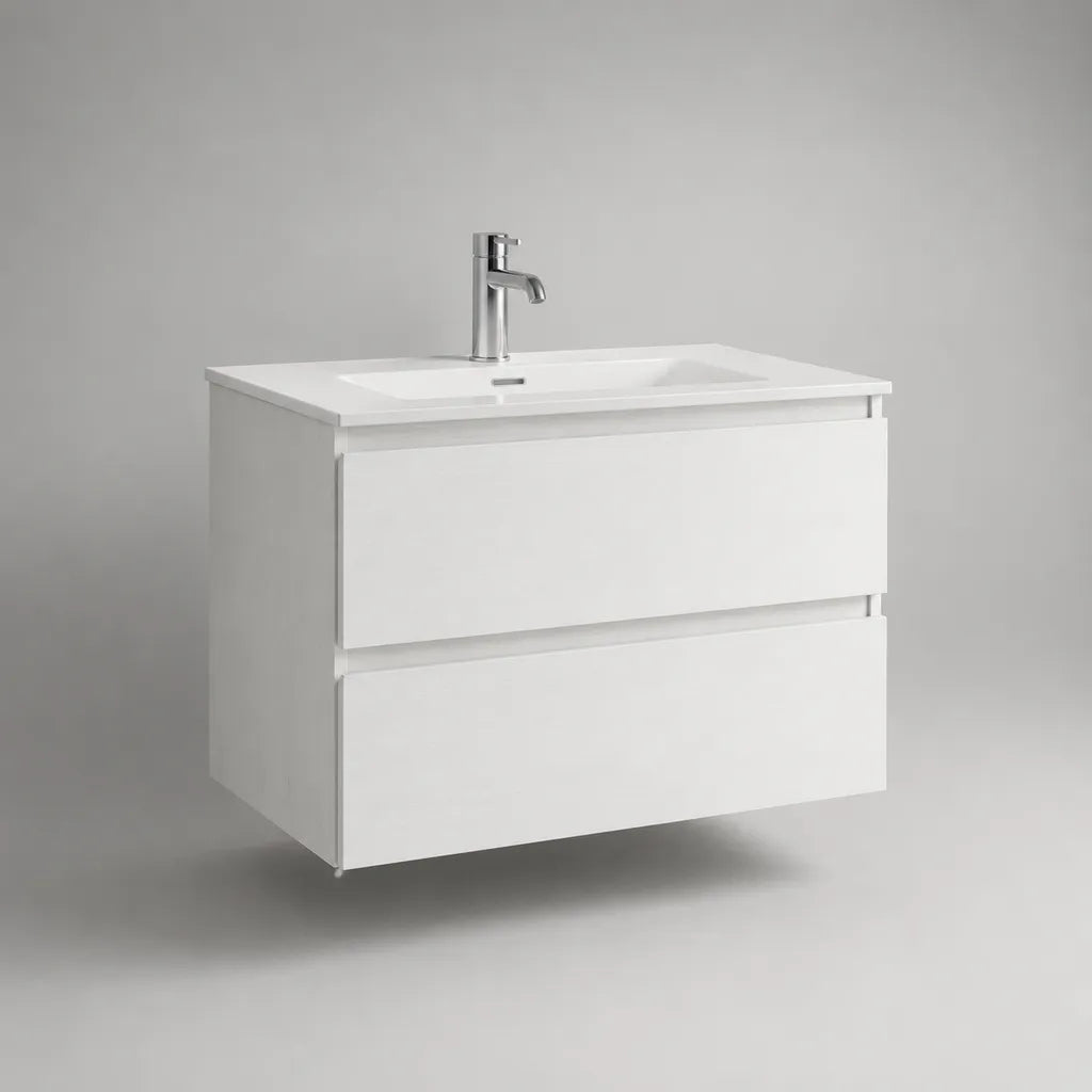 Wandhängender Waschtischunterschrank aus MDF mit Keramikwaschbecken, Weiß, 80 × 46 × 60 cm
