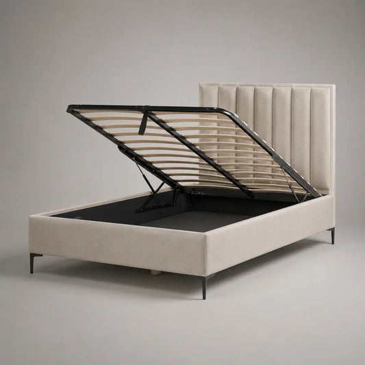 Stauraum-Polsterbett 160 x 200 cm mit Lattenrost und Gasdruckfedern, Polyester-Velours, MDF und Stahl, Beige/Schwarz
