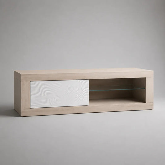 TV-Lowboard aus melaminbeschichteter Spanplatte mit Glaseinlegeboden und Schiebetür, Beige und Weiß, 140 × 40 × 50 cm