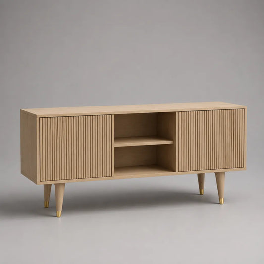 TV-Lowboard aus MDF mit Eichenfurnier, 2 Türen und 2 offenen Fächern, Eiche Natur und Messingfarben, 140 × 40 × 75 cm