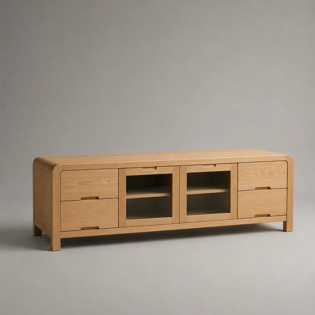 TV-Lowboard aus Holz mit 5 Schubladen und 2 Glastüren, Naturbraun/Schwarz, 160 × 42 × 65 cm