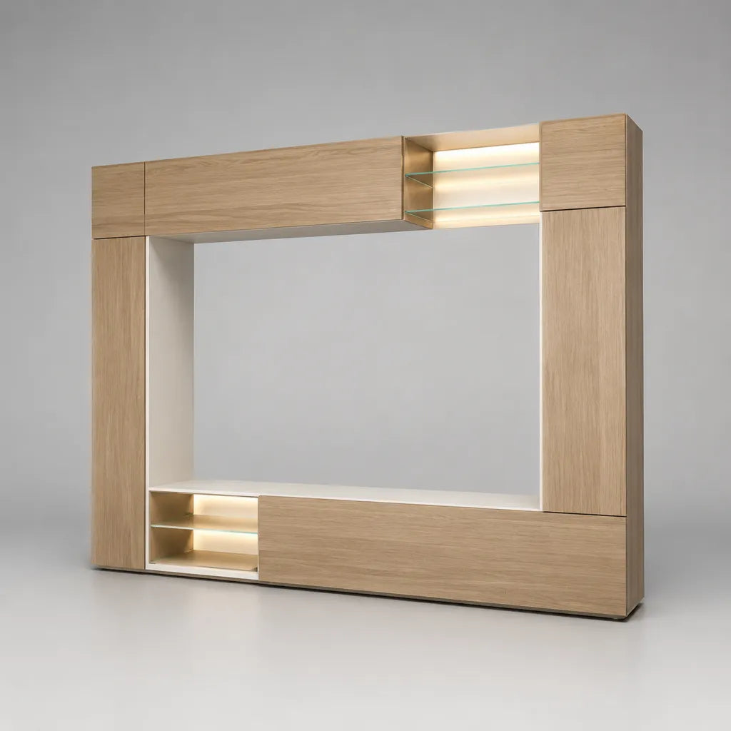 Wohnwand-Set mit TV-Nische und LED-Beleuchtung, MDF mit Eichenfurnier, Eiche Natur/Weiß, 300 × 42 × 220 cm