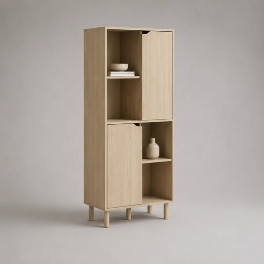 Bücherregal aus MDF mit Eichenfurnier, 2 Türen und 4 offenen Fächern, Naturbeige, 160 × 60 × 35 cm