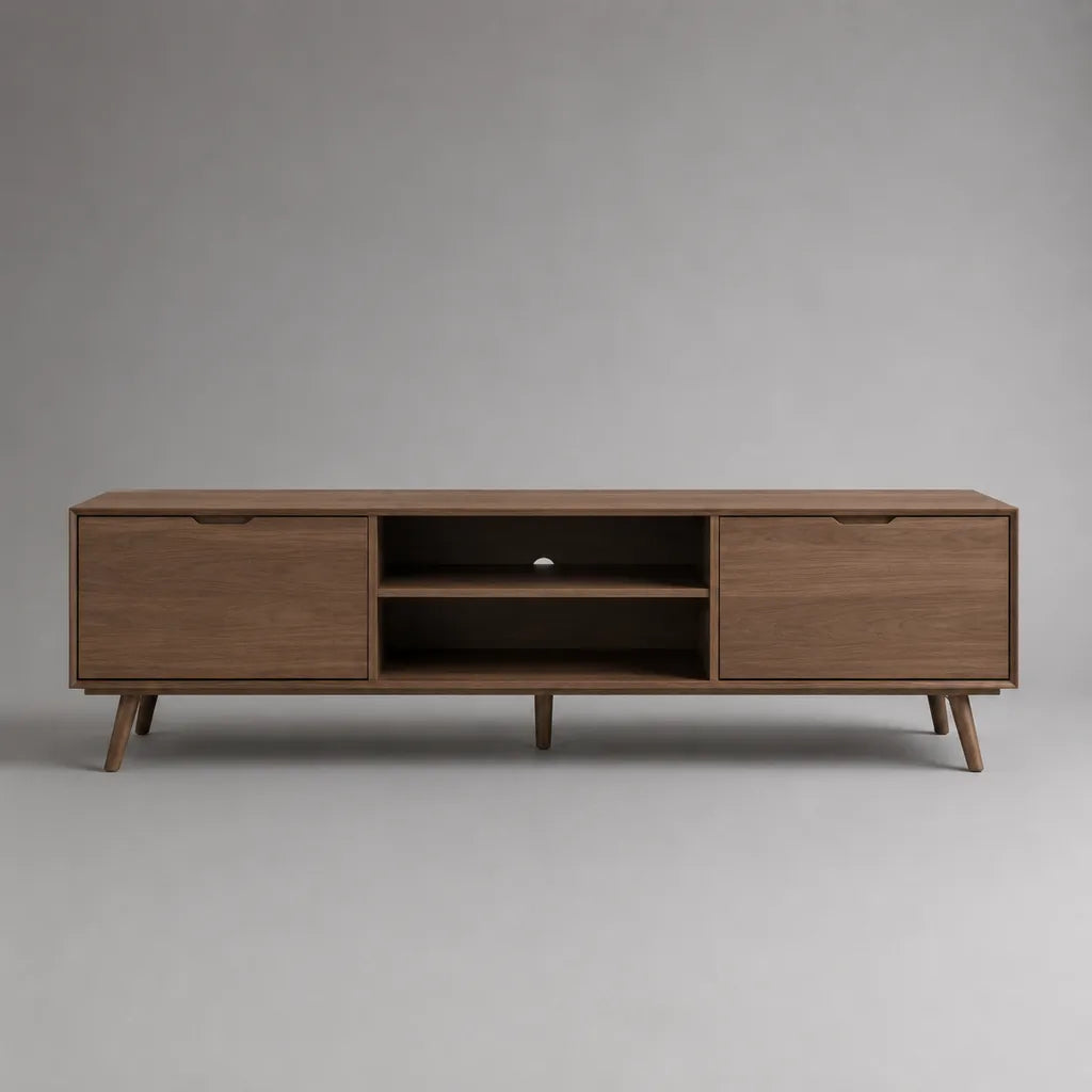 TV-Lowboard aus MDF mit Walnussfurnier, 2 Klapptüren und Kabeldurchlass, Walnussbraun, 160 × 40 × 58 cm