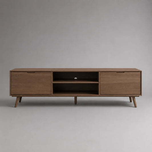 TV-Lowboard aus MDF mit Walnussfurnier, 2 Klapptüren und Kabeldurchlass, Walnussbraun, 160 × 40 × 58 cm