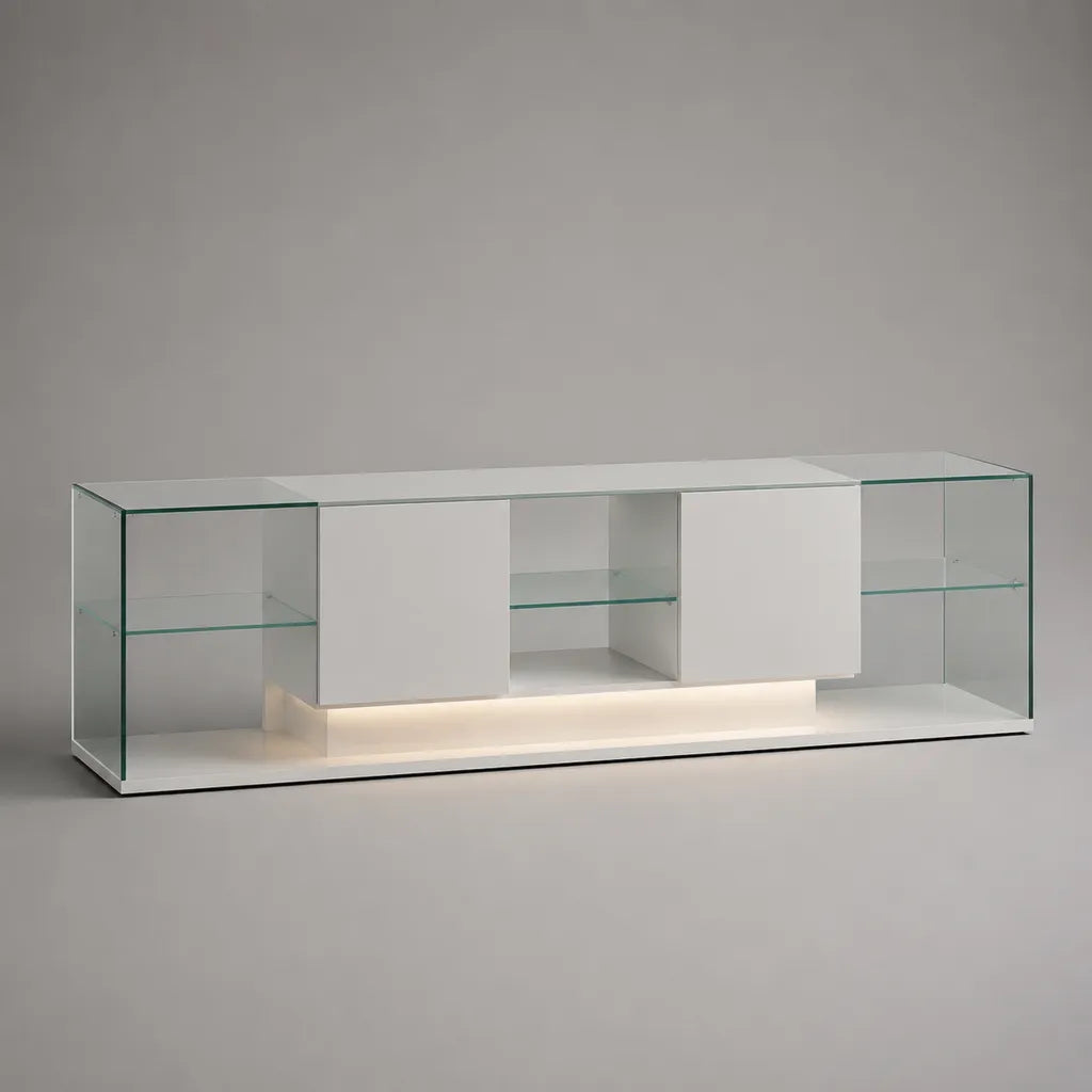 TV-Lowboard mit LED-Beleuchtung aus MDF und Glas, Weiß/Transparent, 180 × 40 × 60 cm