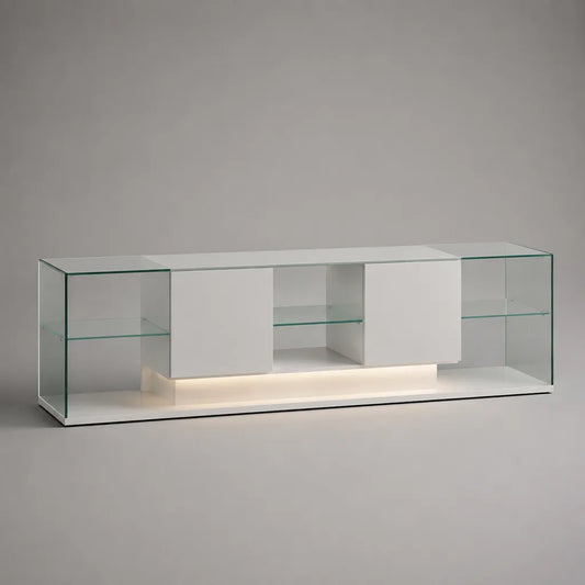 TV-Lowboard mit LED-Beleuchtung aus MDF und Glas, Weiß/Transparent, 180 × 40 × 60 cm