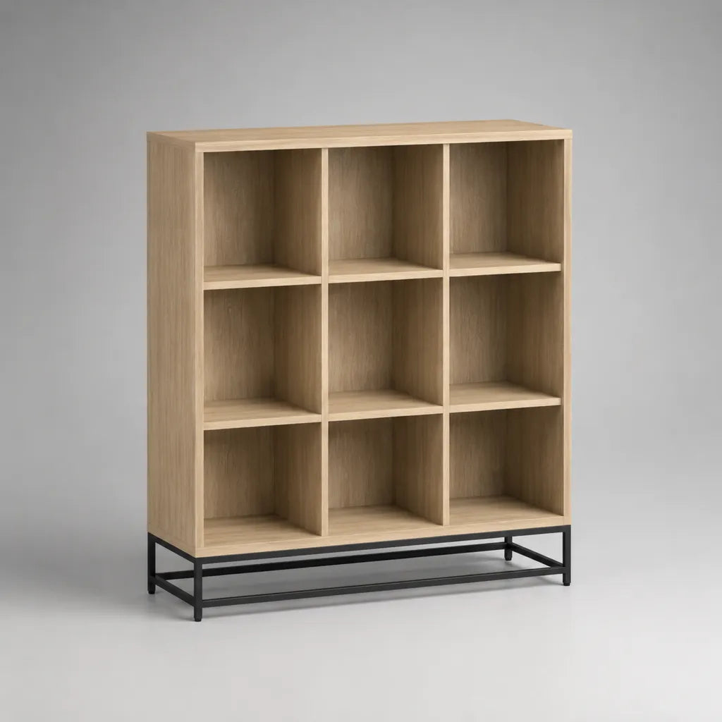 Bücherregal Standregal mit 9 Fächern aus Spanplatte und Stahl, Helle Eiche/Schwarz, 90 x 30 x 105 cm