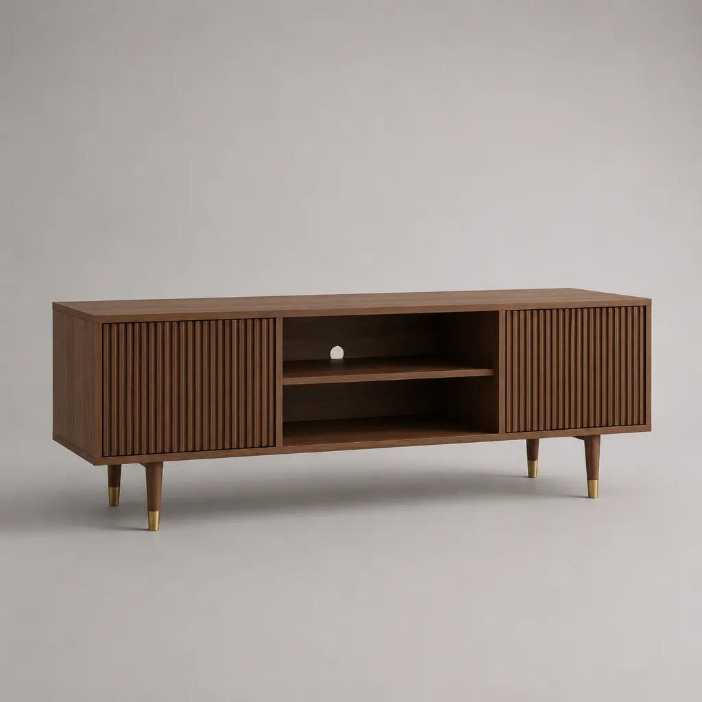 TV-Lowboard aus MDF mit Walnussfurnier, 2 Lamellentüren und offenen Fächern, Braun/Goldfarben, 160 × 40 × 60 cm