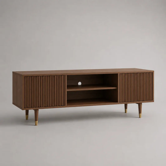 TV-Lowboard aus MDF mit Walnussfurnier, 2 Lamellentüren und offenen Fächern, Braun/Goldfarben, 160 × 40 × 60 cm