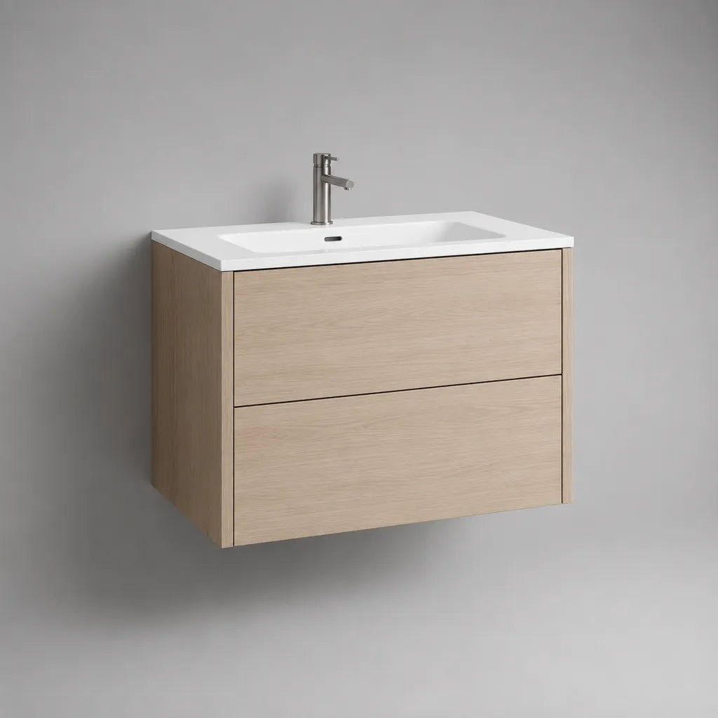 2-teiliger wandhängender Waschtischunterschrank aus MDF mit Keramikwaschbecken, Eiche Natur/Weiß, 80 × 46 × 60 cm