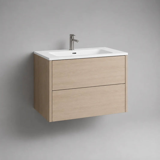 2-teiliger wandhängender Waschtischunterschrank aus MDF mit Keramikwaschbecken, Eiche Natur/Weiß, 80 × 46 × 60 cm