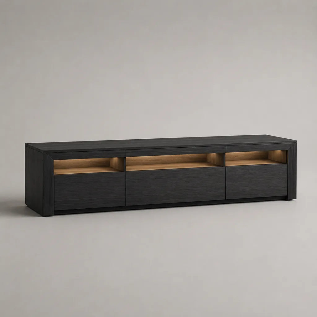 TV-Lowboard mit LED-Beleuchtung, 3 Schubladen, MDF mit Eichenfurnier, Schwarz/Natur, 200 × 42 × 55 cm