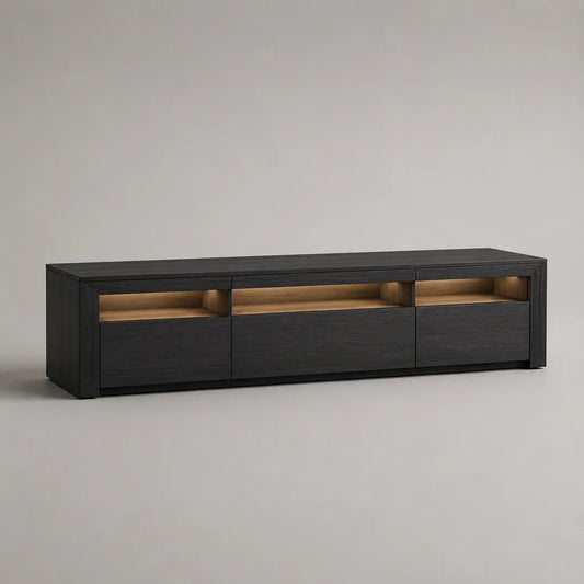 TV-Lowboard mit LED-Beleuchtung, 3 Schubladen, MDF mit Eichenfurnier, Schwarz/Natur, 200 × 42 × 55 cm