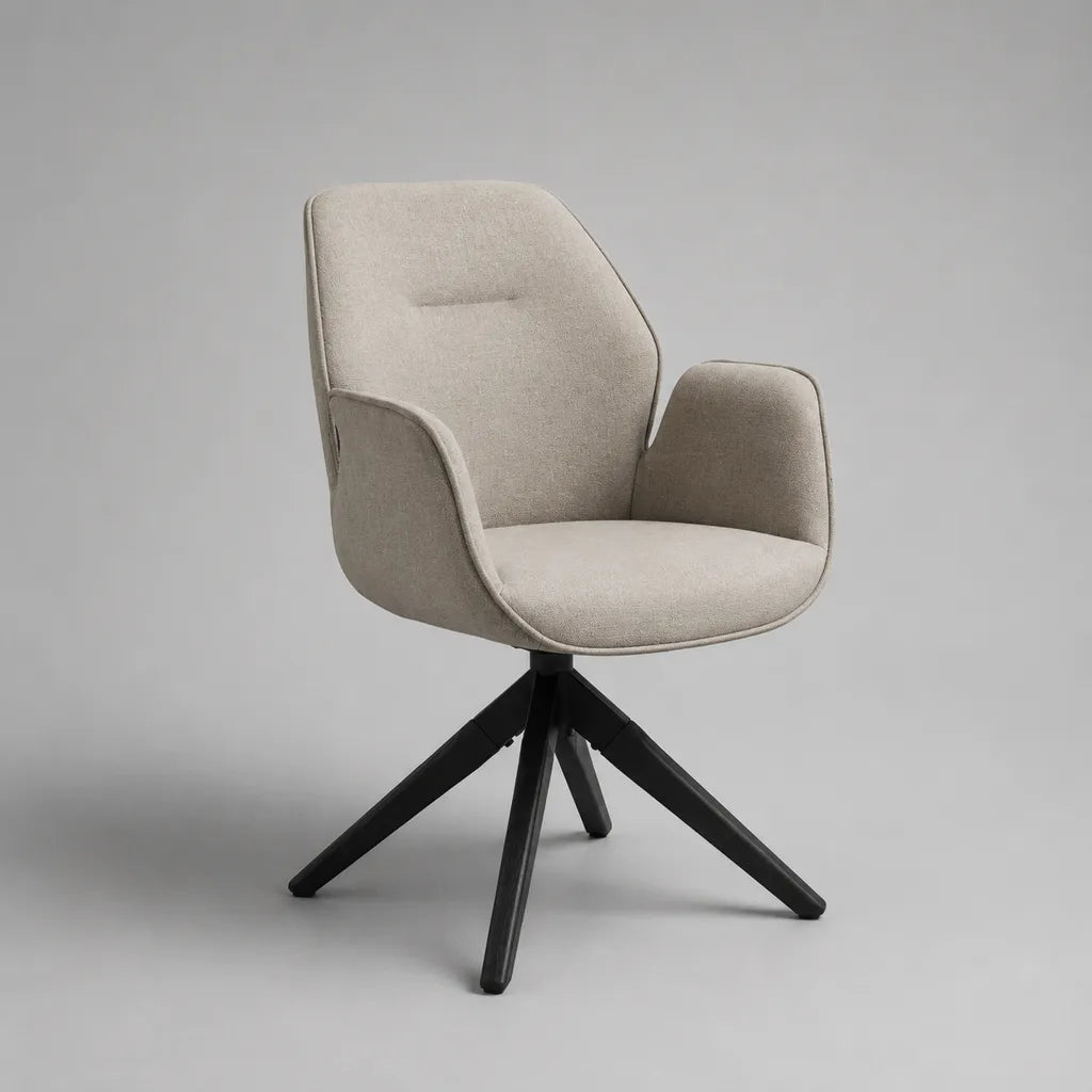 Esszimmerstuhl mit Armlehnen, Schalensitz und 360-Grad-Drehfunktion, Polyesterbezug, Stahlgestell, Beige/Schwarz, 60 x 62 x 83 cm