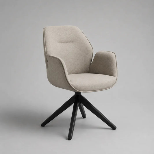 Esszimmerstuhl mit Armlehnen, Schalensitz und 360-Grad-Drehfunktion, Polyesterbezug, Stahlgestell, Beige/Schwarz, 60 x 62 x 83 cm